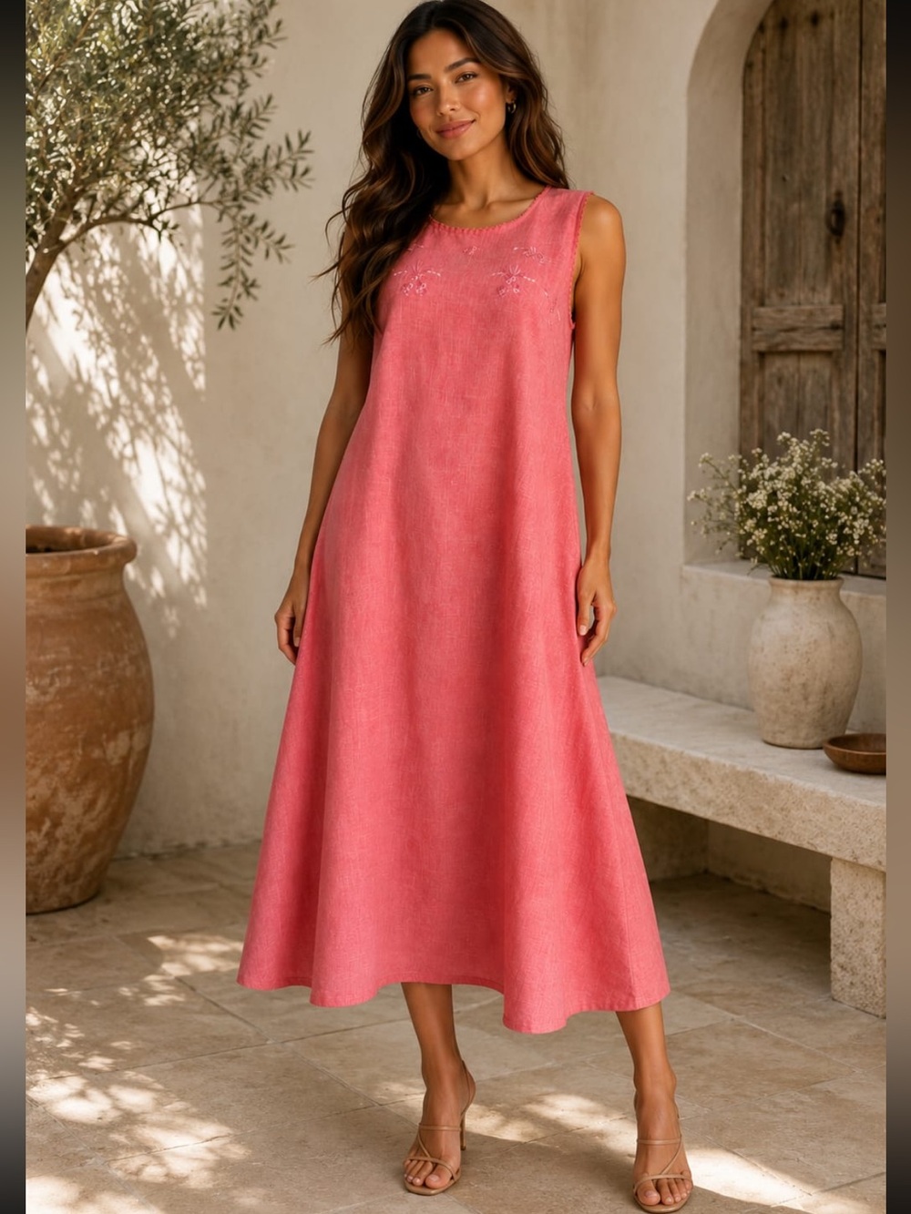 Sleeveless Coral Maxi Dress with Subtle Neck Embroidery